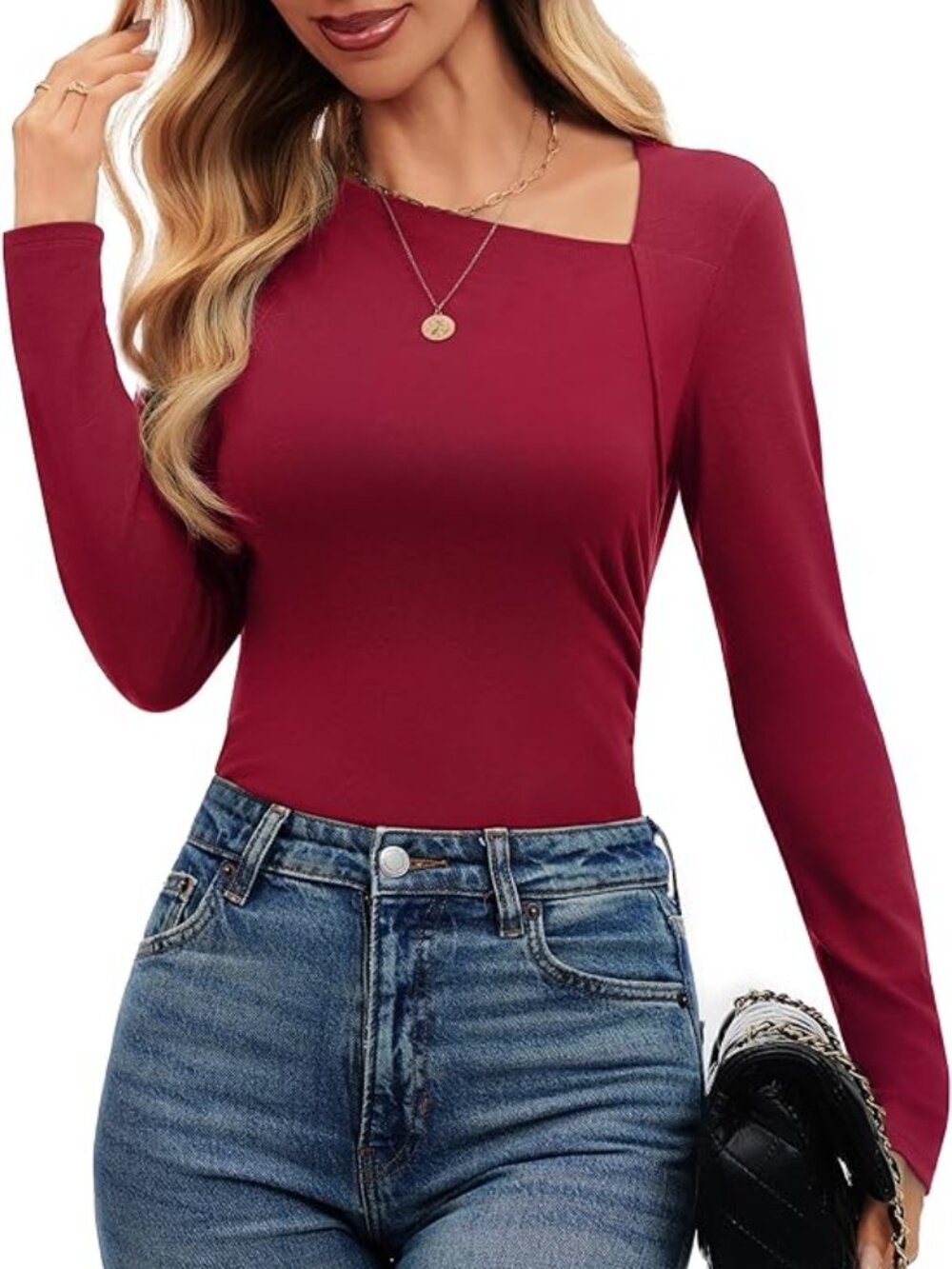 Red Asymmetrical Long Sleeve Shirt